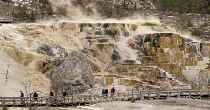 People walk along the boardwalk in front of Mammoth Hot Spring in Yellowstone National Park