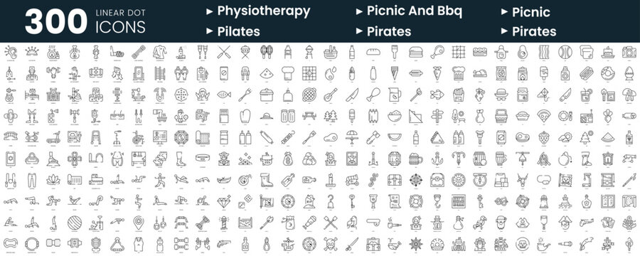 Set of 300 thin line icons set. In this bundle include physiotherapy, picnic and bbq, picnic, pilates, pirates