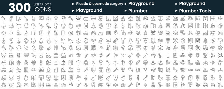 Set of 300 thin line icons set. In this bundle include plastic and cosmetic surgery, playground, plumber, plumber tools
