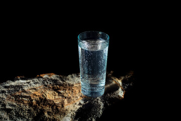 a glass of water with walls fogged up from the cold on a rock on a black background
