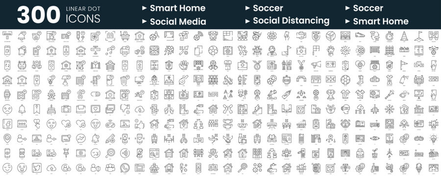 Set of 300 thin line icons set. In this bundle include smart home, soccer, social media, social distancing