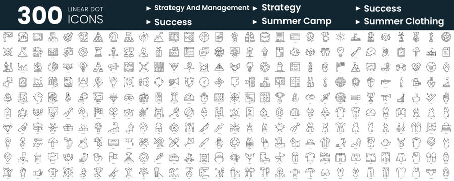 Set of 300 thin line icons set. In this bundle include strategy and management, strategy, success, summer camp, summer clothing