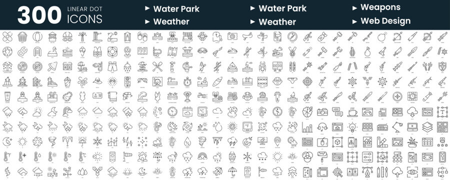 Set of 300 thin line icons set. In this bundle include water park, water sports, weapons, weather, web design