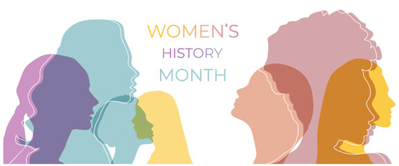 Women silhouette head isolated. Women's history month banner.	
