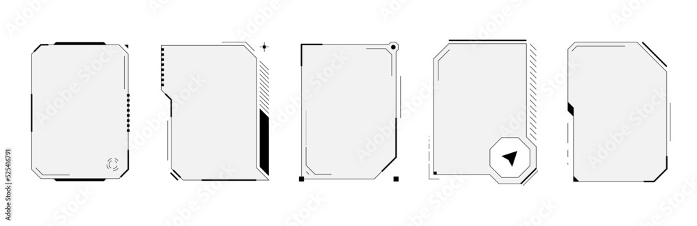 Sticker HUD digital futuristic user interface square vertical frame set. Sci Fi high tech screens. Gaming menu touching cyber monitoring dashboard panels. Head-up display FUI or GUI empty menu vector windows