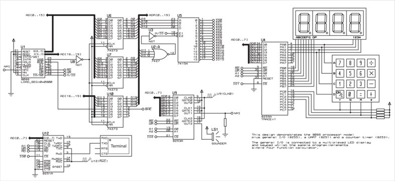 Electrical schematic diagram of the integer
calculator based on the 8086 microcontroller. Displaying
the pressed keyboard keys and the results
of mathematical operations on the seven-segment display.