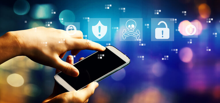 Virus and scam theme with person using smartphone