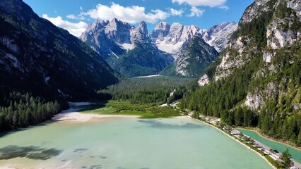 drone photo Lac Landro, Lago di Landro Dürrensee dolomites italie europe	