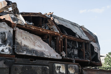 Destroyed russian military machines during russian invasion of Ukraine in 2022. Exhibition of...