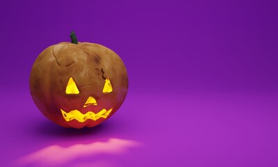 3d illustration,carved pumpkin horror image with light inside, purple background ,copy space,3d rendering