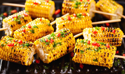 Homemade grilled corn cob with chilli pepper and cilantro on stick, selective focus. Corn grilled with spices.