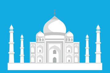 Fototapeta na wymiar Indian white palace with towers, flat illustration, palace in white and gray colors on a blue background