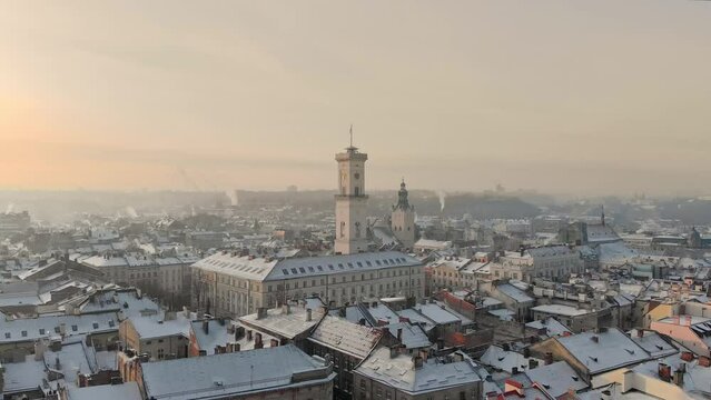 Aerial drone view of Lviv cityscape in winter, Western Ukraine