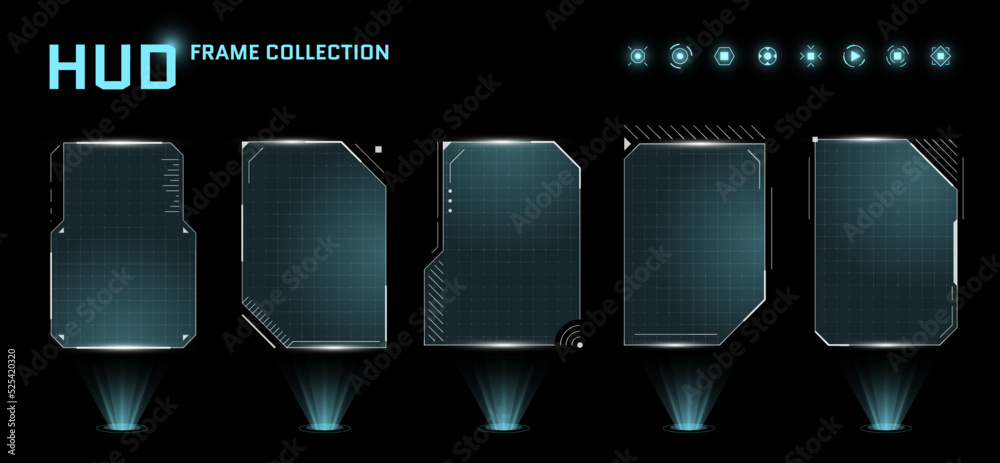 Poster hud digital futuristic user interface square frame set. sci fi high tech screens. game menu touch mo