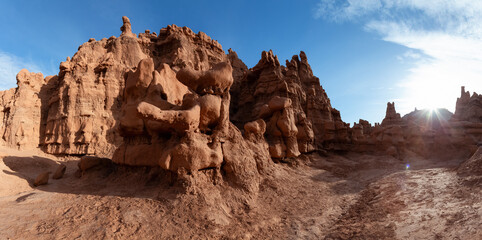 Red Rock Formations in Desert at Sunny Sunrise. Spring Season. Goblin Valley State Park. Utah, United States. Nature Background Panorama