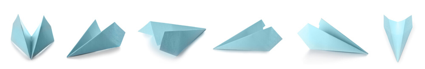Set of blue paper plane isolated on white
