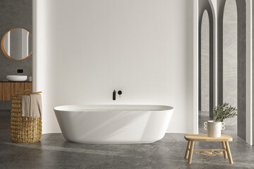 Fototapeta na wymiar Bright bathroom interior with concrete floor and wall, white bathtub and two sinks, toilet and bidet, towel, side view. Minimalist bathroom with modern furniture and arches, 3D rendering no people 