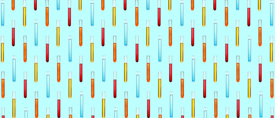 Many test tubes on light blue background. Pattern for design