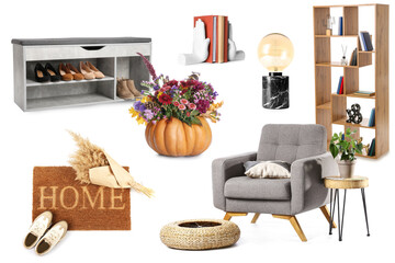 Collage of new furniture and autumn decor for room interior on white background
