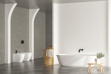 Bright bathroom interior with concrete floor and wall, white bathtub and two sinks, toilet and bidet, towel, side view. Minimalist bathroom with modern furniture and arches, 3D rendering no people
