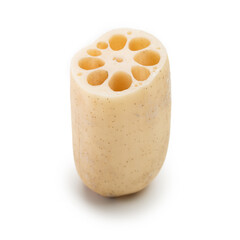 Lotus root (Nelumbo nucifera), or Renkon, isolated on white, with characteristic hole patterns showing on the cross section.