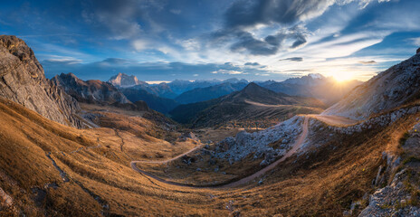 Beautiful view on mountains at sunset in autumn. Nature in Dolomites, Italy. Colorful panoramic...