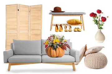 Collection of stylish furniture and autumn decor for room interior on white background