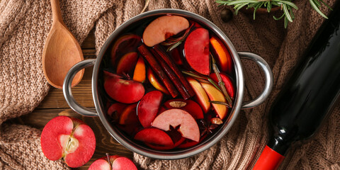 Saucepan of delicious mulled wine on warm plaid, top view