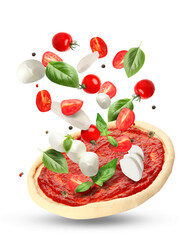 Pizza dough with tasty tomato sauce on white background