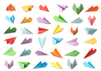 Set of colorful paper planes isolated on white