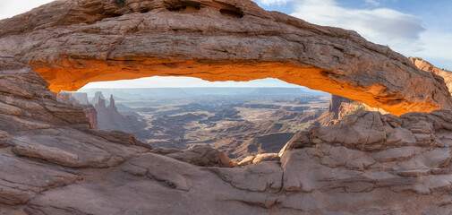 Scenic American Landscape and Red Rock Mountains in Desert Canyon. Spring Season. Sunset Sky. Mesa...