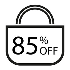 85 percent off. White banner with shopping bag illustration. 