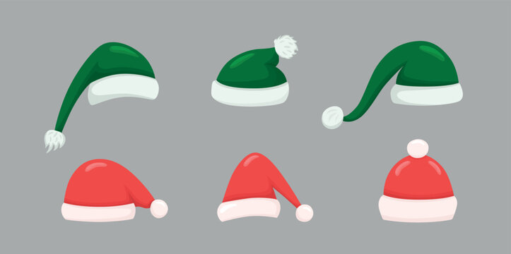 Christmas Santa hats set for photo prop box. Vector stock illustration isolated on grey background for photobooth winter holiday industry. 