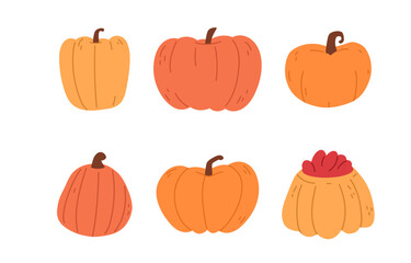 Set of pumpkins. Halloween pumpkin characters. Pumpkin for october holiday. Spooky autumn pumpkins. Flat vector illustration isolated on white background