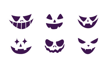 Scary Halloween spooky pumpkin faces. Creepy halloween jack-o-lantern faces stencils. Helloween holiday characters set. Flat vector illustration