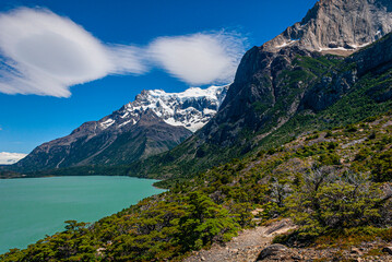 Naklejka na ściany i meble Torres del Paine lake in the mountains