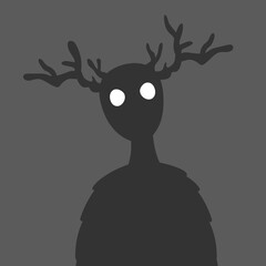 Forest monster with horns. Halloween monster silhouette with horns. Glowing eyes. Flat vector illustration isolated on white background © Viktoria