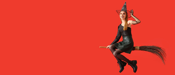 Beautiful woman dressed as witch for Halloween on red background with space for text