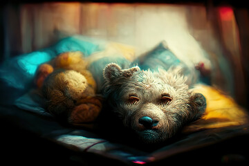 happy colorful teddy bear sleeping in bed  generative ai