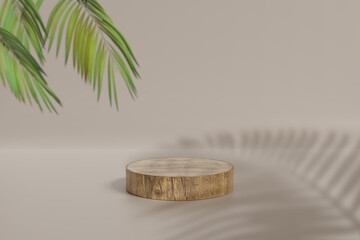 Wooden product display with palm leaves and palm shadow