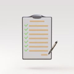 3d Successfully complete business assignments icon with a checklist on clipboard paper. Vector illustration.
