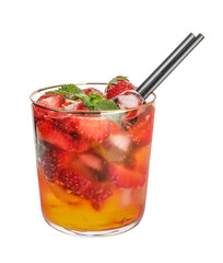 Glass of strawberry lemonade with straws on white background