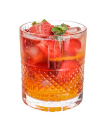 Glass of strawberry lemonade on white background