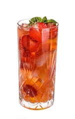 Glass of delicious strawberry lemonade on white background