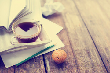working place background with cup of coffee over rustic background