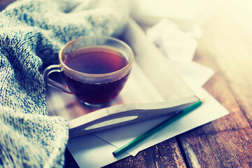 working place background with cup of coffee over rustic background