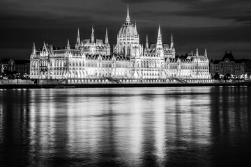hungary  Budapest  twilight at Danube River with lit up Hungarian Parliament building