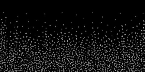 Falling numbers, big data concept. Binary white random flying digits. Powerful futuristic banner on black background. Digital vector illustration with falling numbers.