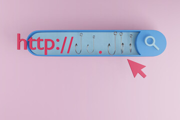 Browser search bar showing an URL address made of fishing hooks. Illustration of web domain spoofing and email phishing - obrazy, fototapety, plakaty