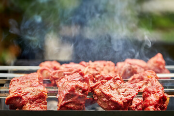 Meat skewers on coals. Smoke over pieces of meat on skewers close-up, selective focus.